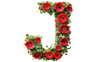 Floral Alphabet: J in Green and Red isolated on transparent Background