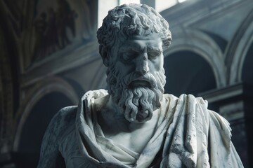 Obraz premium Mysterious ancient greek, roman male stoic statue, sculpture in dramatic lighting, shadows highlighting the impressive muscular build and classical beauty. 