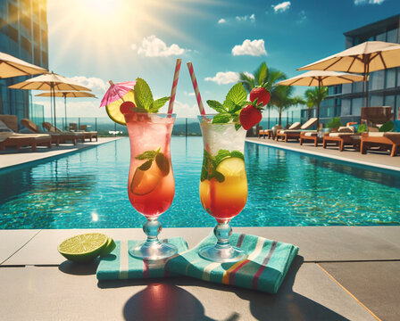 zwei leckere Cocktails an einem Swimmingpool bei strahlend blauem Himmel