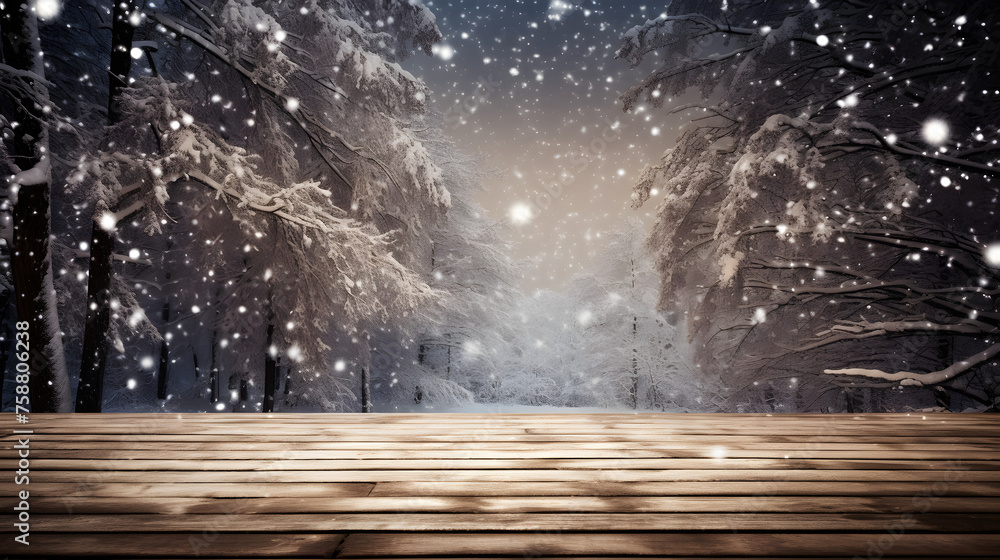 Aufkleber empty wooden table in front of christmas tree in snowfall background