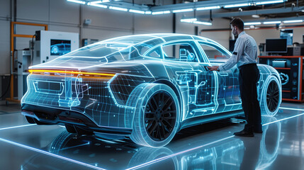 Car design engineer working with a hologram of a modern car. Model of a prototype electric vehicle chassis. Center for Automotive Innovation: 3D car concept created using software. - obrazy, fototapety, plakaty