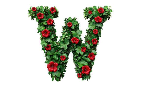 Foliage in Red and Green: A Floral Letter W isolated on transparent Background