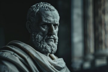 Mysterious ancient greek, roman male stoic statue, sculpture in dramatic lighting, shadows highlighting the impressive muscular build and classical beauty. 