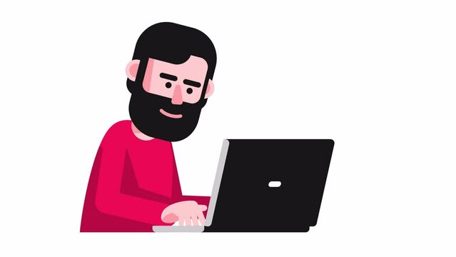 A man with a beard is focused on his laptop, likely working or programming. The setting appears to be a remote or freelance workspace. Looped animation with alpha channel