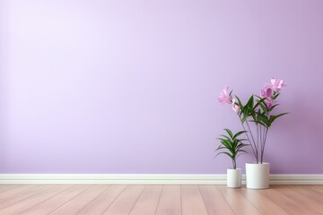 A mock up of a lilac minimalist wall background. Plant pot and wood flooring