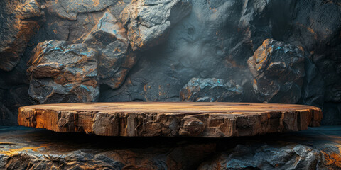 Stone podium in cave. Product Stand in dark backdrop, Studio Scene For mock up, minimal product design.
