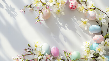 Obraz premium Decorative Easter wreath with bright eggs and spring flowers. Handmade Easter wreath. Top view. Generative AI