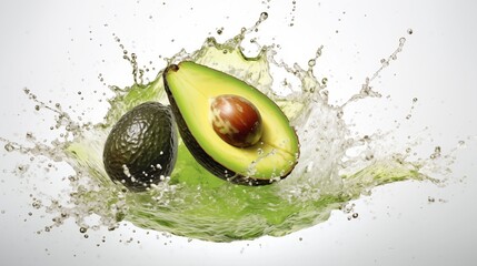 Flying delicious fresh avocado in color splash on white background, veggie, fruit.