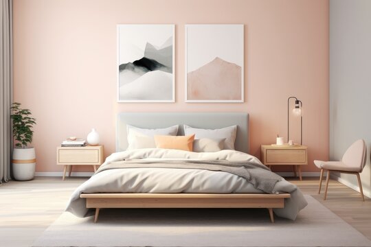 Mock up of a minimalist Scandinavian style double bed bedroom with peach color painted walls and wall art poster decor