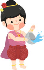 girl splashing water with water bowl and smile in Thai traditional dress
