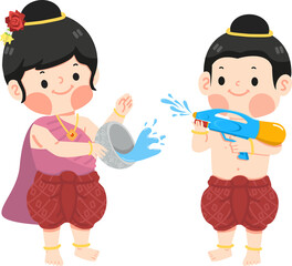  boy and girl splashing water  in songkran festival - 758807893