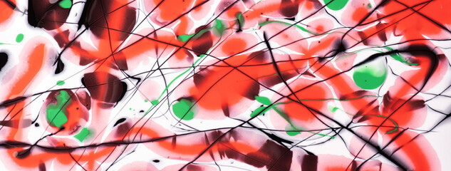 Black and red lines and splashes drawn on white background. Abstract art spotted backdrop with...