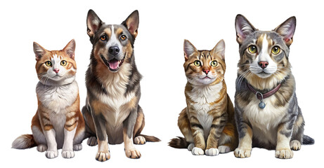 Group of couple adorable dogs and cat isolated on transparent background