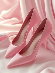 Pair of pink high heel shoes on light pink silk background.