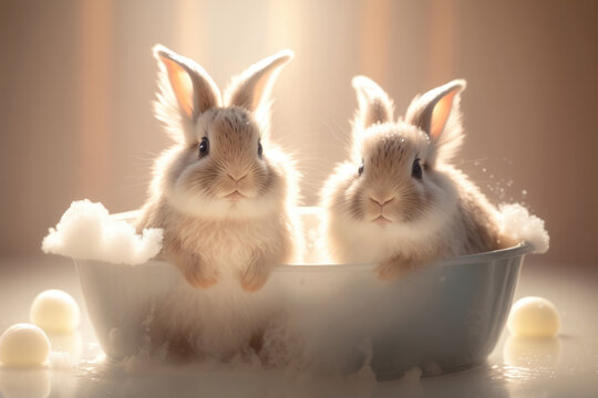 Two cute rabbits in bathtub with soapy foam. Generative AI