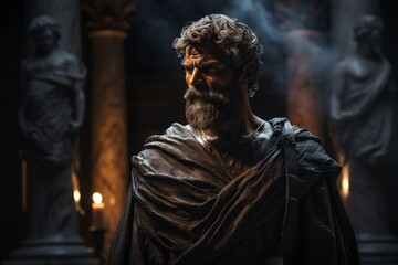 Obraz premium Mysterious ancient greek, roman male stoic statue, sculpture in dramatic lighting, shadows highlighting the impressive muscular build and classical beauty. 