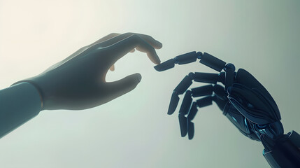 La convergence de l'humanité et de l'intelligence artificielle : une vision futuriste des poignées de main entre humains et robots sur un réseau Big Data - obrazy, fototapety, plakaty