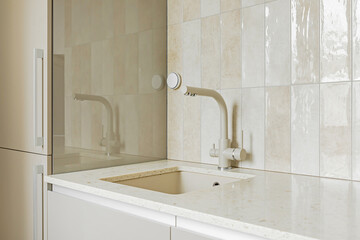 Detail of a rectangular kitchen sink with water tap against a tiled wall - 758809224