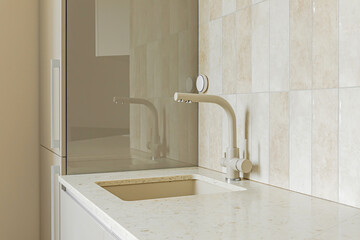 Detail of a rectangular kitchen sink with water tap against a tiled wall - 758809227