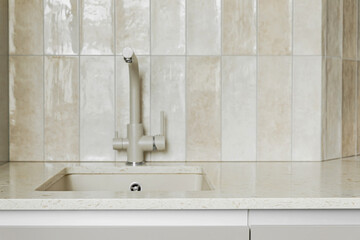 Detail of a rectangular kitchen sink with water tap against a tiled wall - 758809242