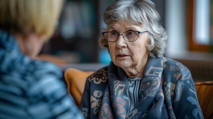 Oreille empathique : une connexion thérapeutique - Femme âgée cherchant conseils et soutien auprès d'un psychologue compatissant - obrazy, fototapety, plakaty