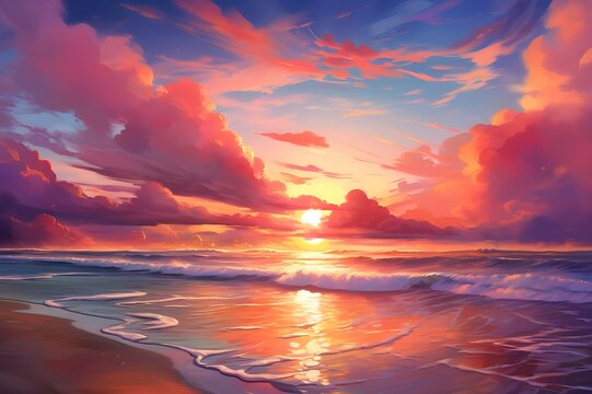 A breathtaking sunset over a serene beach, painting the sky in hues of pink and orange.

