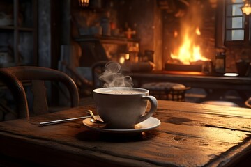 A cozy coffee shop scene, capturing the warmth of a cup of steaming espresso on a rustic table.
