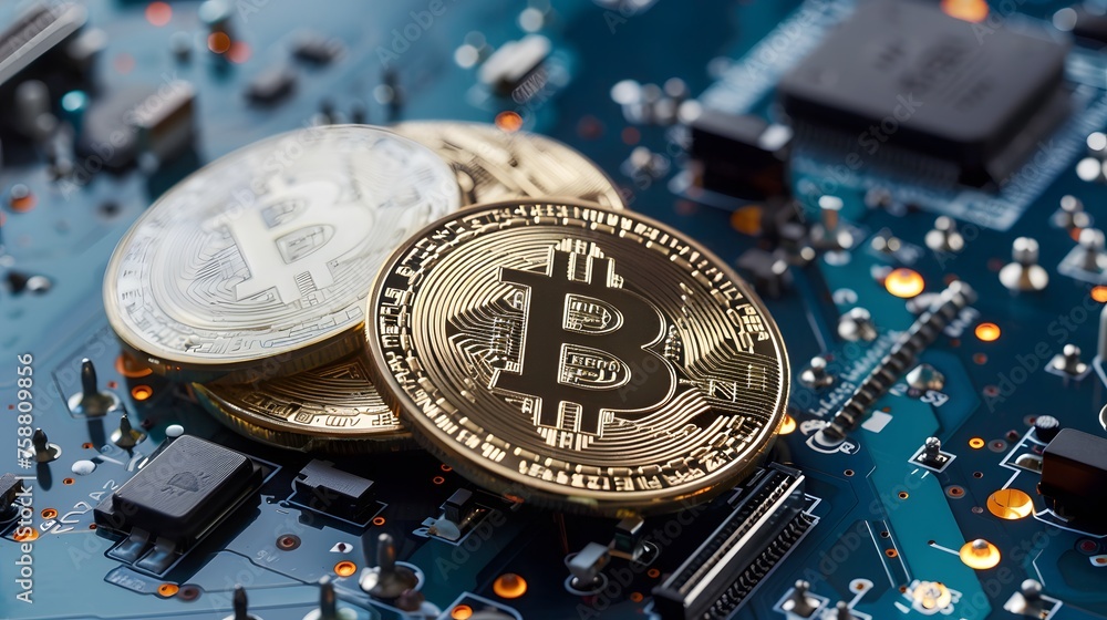 Poster bitcoin coin crypto currency with copy space or text area. digital blockchain market concept