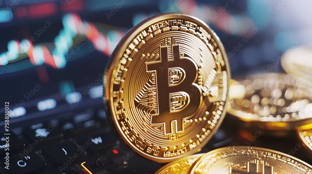 Poster bitcoin coin crypto currency with copy space or text area. digital blockchain market concept