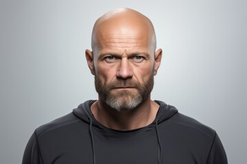 Portrait of a bald man with a beard and mustache in a black sweatshirt