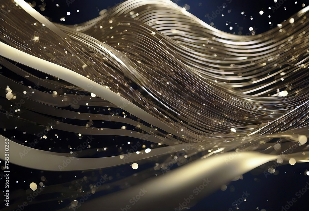 Poster abstract gold waves. shiny golden moving lines design element with glitter effect on dark background