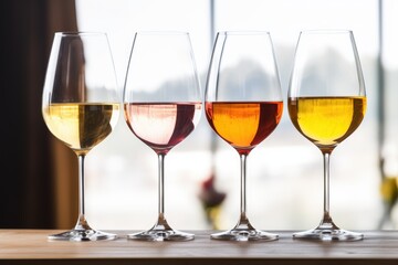 Fototapeta premium Elegantly presented glasses of assorted white and ros? wines, ranging from pale gold to deep salmon. Spectrum of Wine - Assorted Glasses