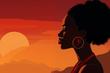 Illustration of African woman in tribal dress looking to the side with sun in the background