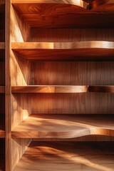 Obraz na płótnie Canvas Close-up of empty cinnamon wooden shelves with warm sunlight