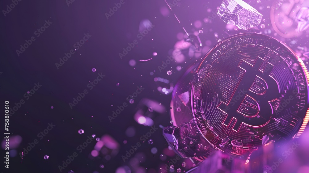 Poster bitcoin coin on a purple background with copy space or text area. digital crypto currency banner con
