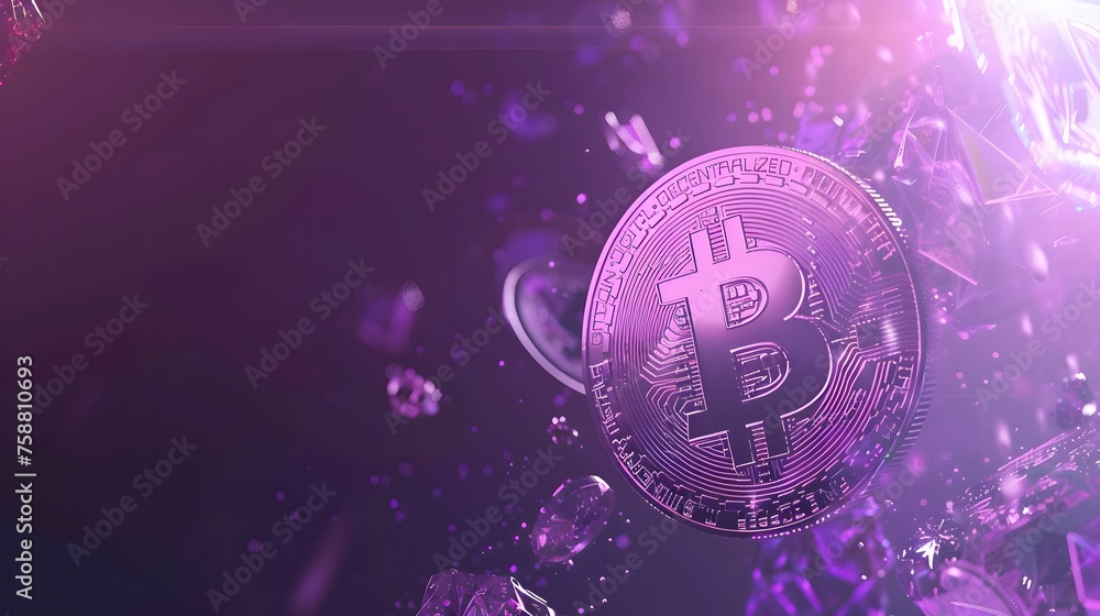 Poster bitcoin coin on a purple background with copy space or text area. digital crypto currency banner con