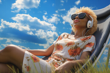 African American woman lying in hammock sunbathing wearing sunglasses while listening to music