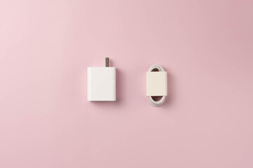 Mobile phone charger on pink background