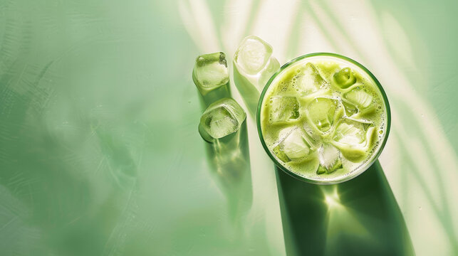 Top view of an iced matcha latte on a pastel green background with ice cubes. Refreshing cold drink. Generative AI