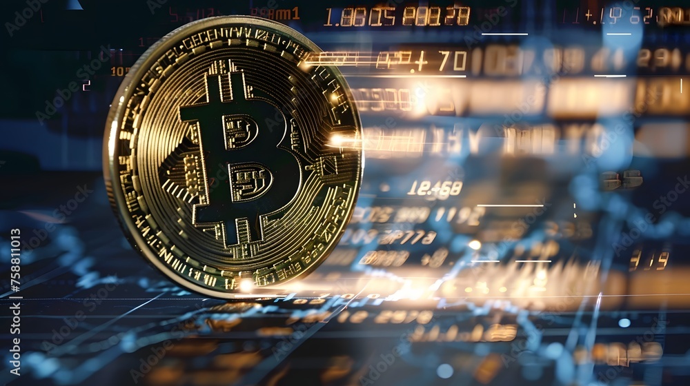 Poster bitcoin coin crypto currency with copy space or text area. digital blockchain market concept