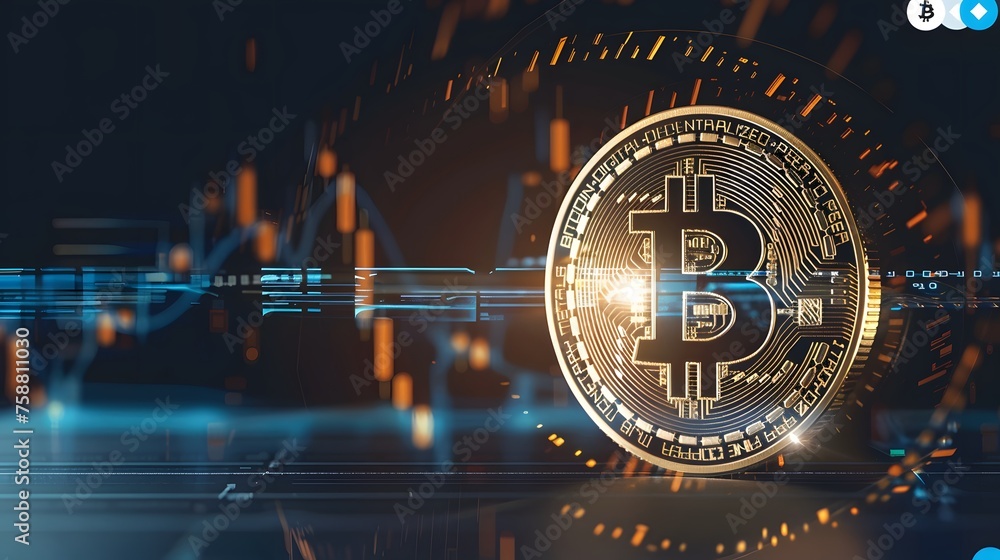Poster bitcoin coin crypto currency with copy space or text area. digital blockchain market concept