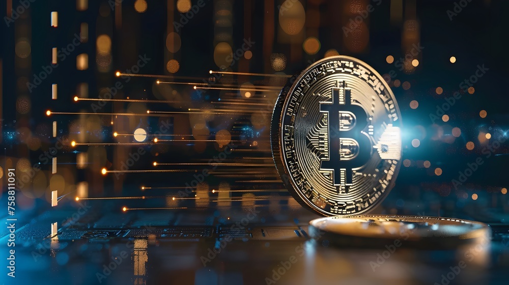 Poster bitcoin coin crypto currency with copy space or text area. digital blockchain market concept
