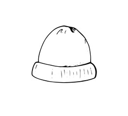Hand-drawn beanie hat. Winter knitted hat doodle style vector illustrations isolated on white background. Woolen hat winter accessory.