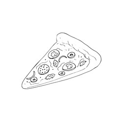 Hand-drawn pizza slice. Pizza with salami, tomato, olives, basil leaf, and melted cheese. Fast food isolated illustration.
