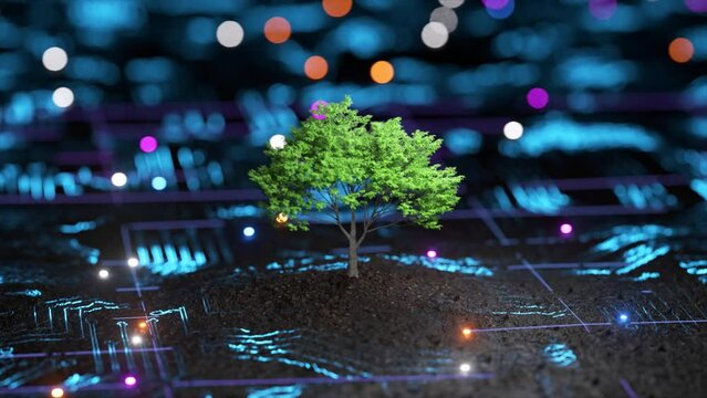 A lone tree stands amidst glowing digital lines on a dark surface, symbolizing nature meets technology.