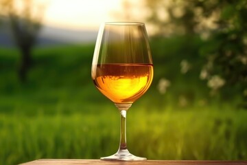 A stem glass of amber wine basks in the warm sunset light, with a soft-focus greenery background. Crisp Amber Wine in Sunset Glow