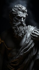 Mysterious ancient greek, roman male stoic statue, sculpture in dramatic lighting, shadows highlighting the impressive muscular build and classical beauty. 