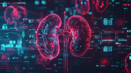 Dark 3d futuristic model of human kidneys, nephrology healthcare concept. Scientific researches and data. Generative AI - obrazy, fototapety, plakaty