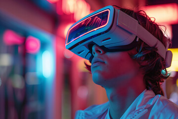 Man in VR glasses in neon lights