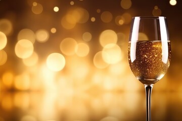 A glass of golden sparkling wine exudes luxury with radiant bokeh lights in the background, perfect for celebrations and toasts. Golden Sparkling Wine in Flute against Bokeh Lights